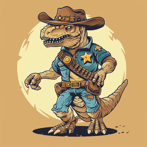 Whimsical flat tattoo sketch of a T rex dressed as a sheriff
