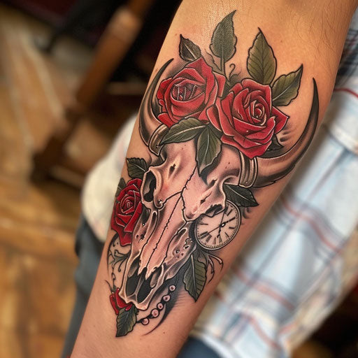 Vintage bull skull with roses and clock on white canvas