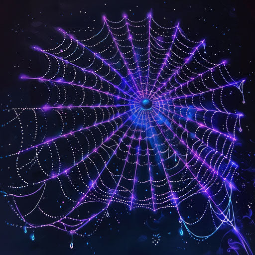 Flat tattoo sketch of a neon spider web with dewdrops that sparkle like lights