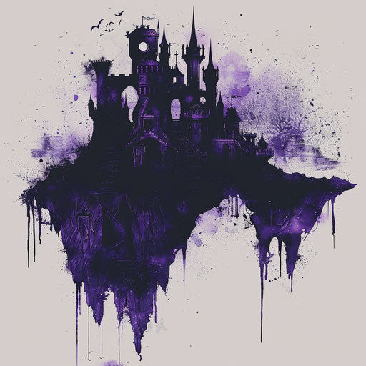 Fantasy ink castle, flat style monochromatic purple tones