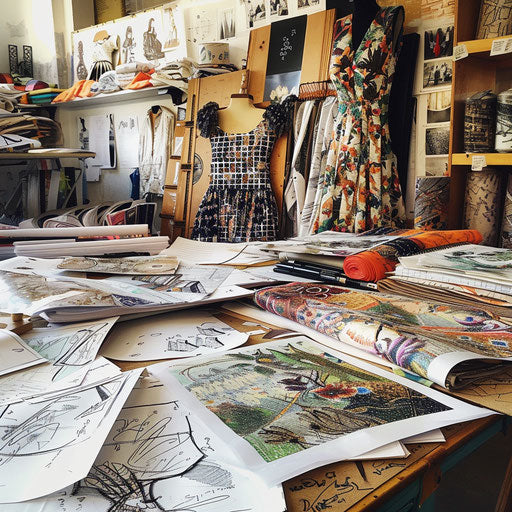 Creating images of a fashion designer in a studio surrounded by fabrics and sketches