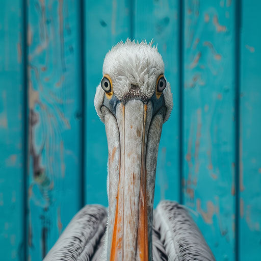 Curious pelican facing the camera with a playful backdrop