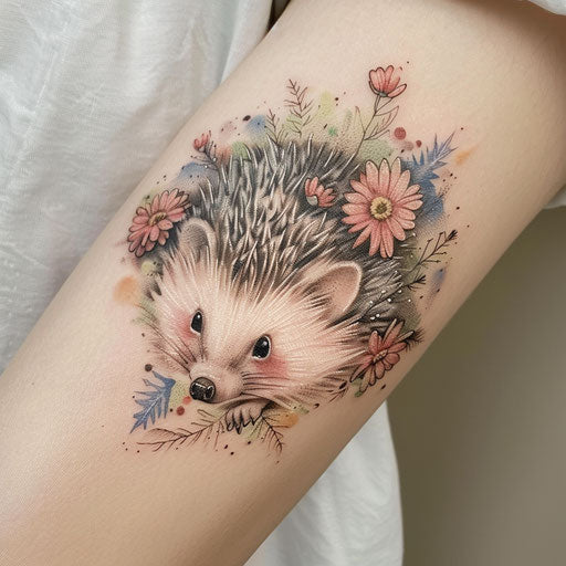 Pastel-colored tattoo sketch of a hedgehog