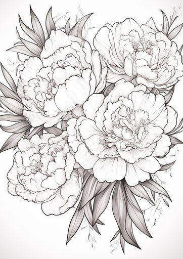 Coloring page with peonies and leaves, realistic chiaroscuro style