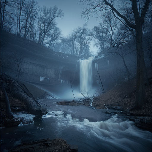Minnehaha Falls, Minnesota, moody and overcast vibes