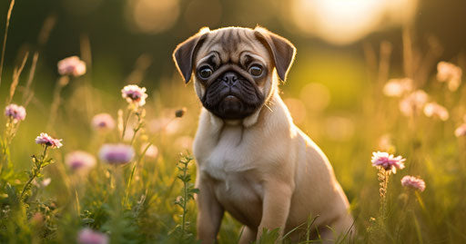 Young pug in front of a daisy meadow