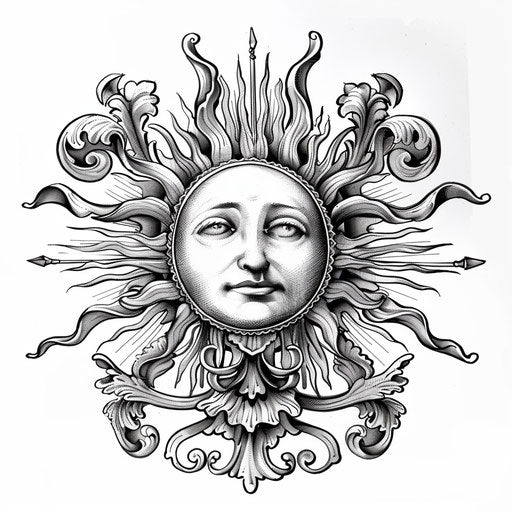 Elegant sketch of a rising sun with baroque flourishes in clipart style