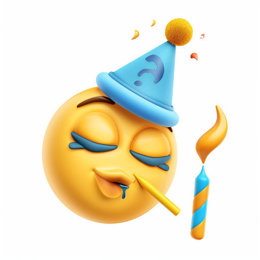 Yellow face blowing on party blower with blue hat