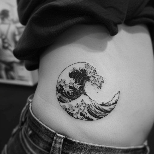 Minimalist wave rib tattoos, Steve Sack style, on the ribs