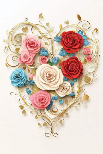 Valentine's Day poster, heart-shaped paper-cut art with roses and swirls in red, pink, cream, blue, and gold, elegant and delicate romantic atmosphere
