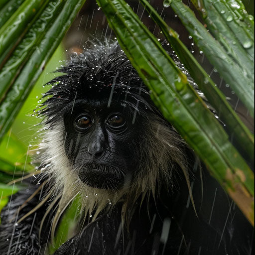 Zanzibar red colobus sheltering under giant fern in tropical downpour