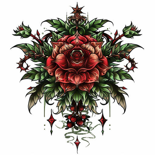 Decorative flat tattoo sketch of a Russian mafia rose with thorns, intricate reds and greens, clipart style