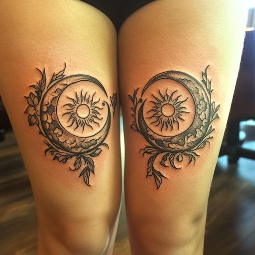 Mother daughter tattoos with sun and moon design