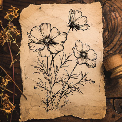 Rustic woodcut style cosmos flower tattoo sketch