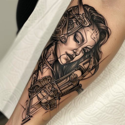 Biomechanical style tattoo of Persephone merging with futuristic machinery, metallic tones on white background