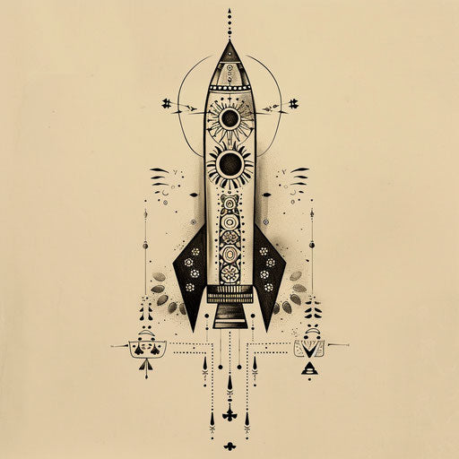 Decorative flat tattoo sketch of a rocket with lace patterns