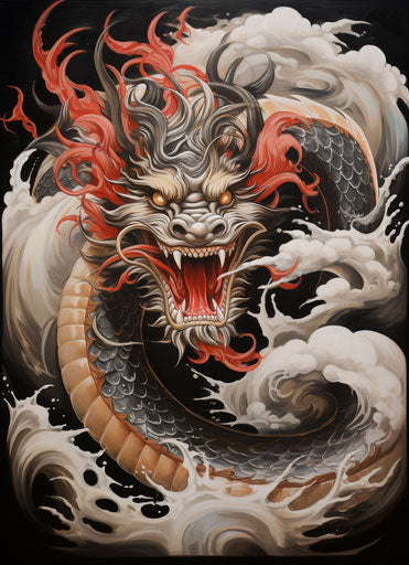 Majestic dragon on black card, gray, maroon, gold, red