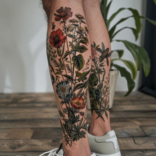 Botanical leg tattoo with flowers and insects for men