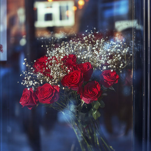 Bouquet of red roses and baby's breath for Valentine's Day