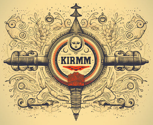 Karma emblem with text, grunge skateboarding style, folk art