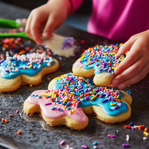Child's hands decorating sugar cookies with colorful icing