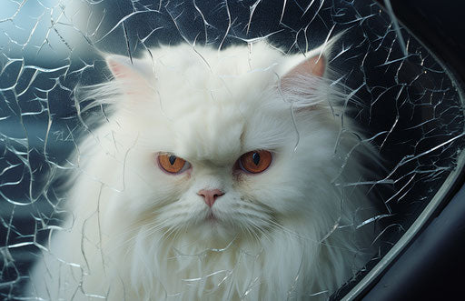 White Persian cat in shattered car windows, humble charm