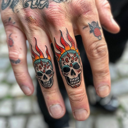 Finger tattoo of traditional skulls and flames
