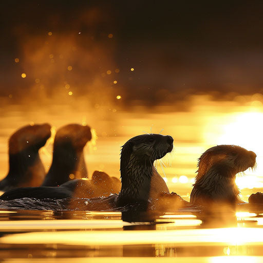 Sea otters at dawn, their silhouettes against the light