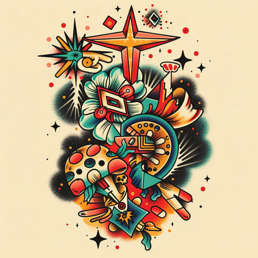 Retro tattoo sketch of a cross stitch with 70s style patterns