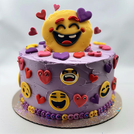 Purple cake with emoticons and symbols, yellow decoration