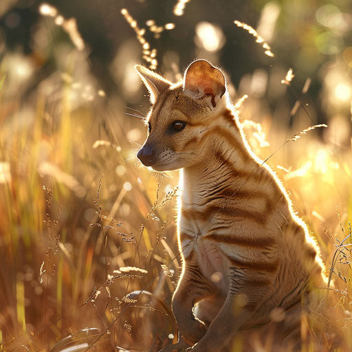 Thylacine playing in a sunlit meadow
