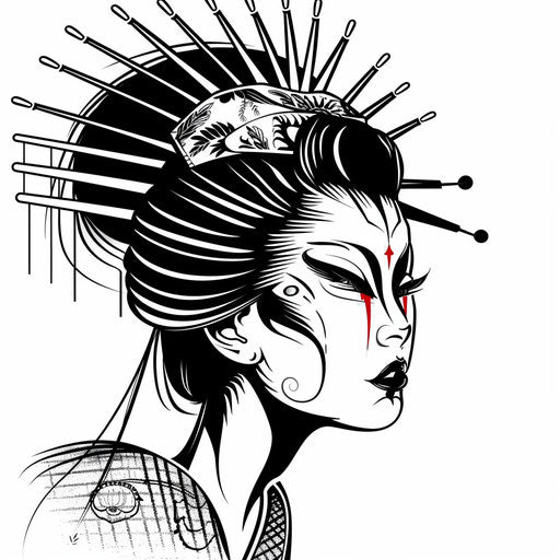 Stylized tribal geisha tattoo with bold black lines and tribal patterns, against a white background