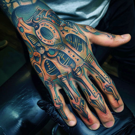 Men's hand tattoo with biomechanical designs