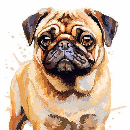 Pug image in the impressionistic art style, on white background
