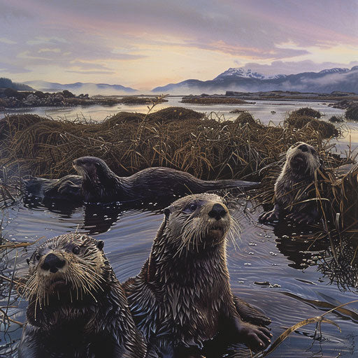Sea otters gathered in a serene estuary