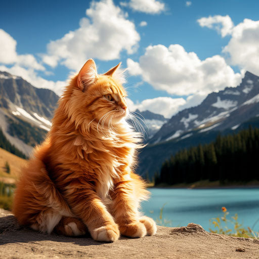 Orange cat sitting in front of mountain scenery