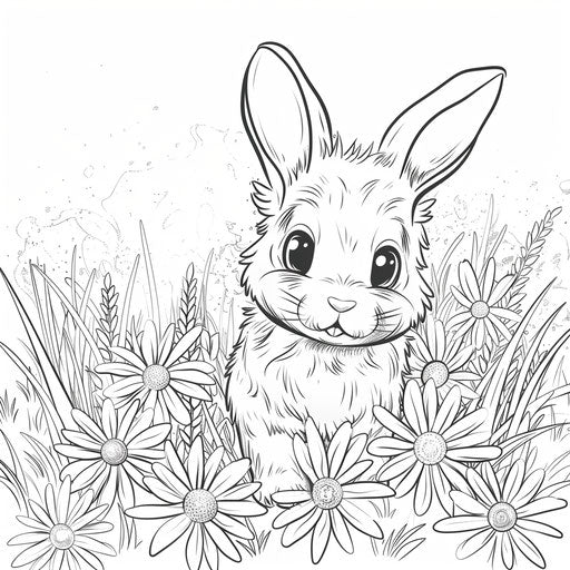 A cute bunny hopping through a field of daisies