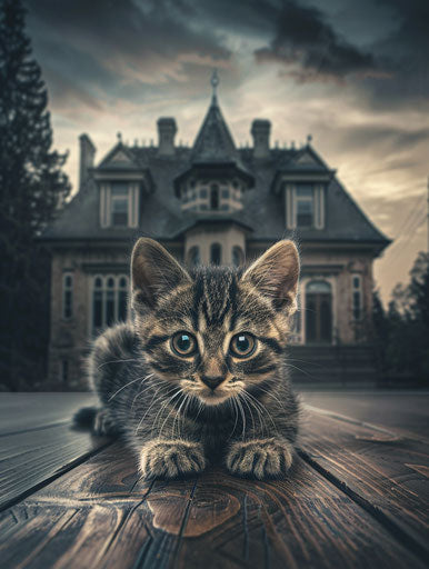 Kitten in front of a big house, dark brown and gray mix