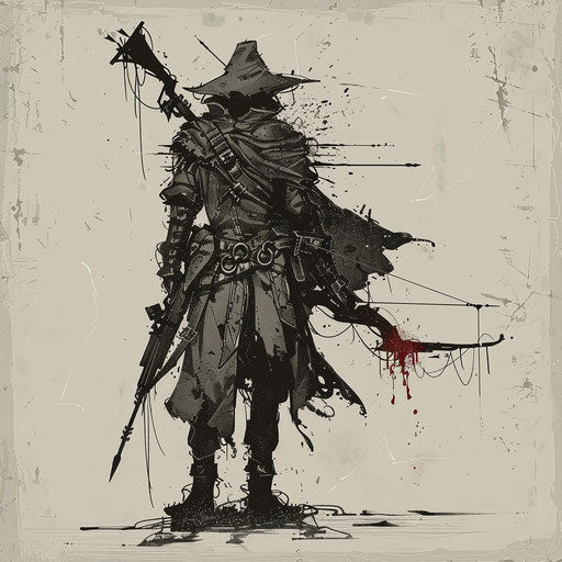 Flat tattoo sketch of a vampire hunter equipped with crossbows and holy water