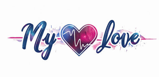 Vector illustration of "My love" text with heart and pulse line on a white background