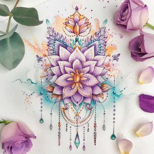 Sketch of tattoo with summer henna motifs, pastel hues