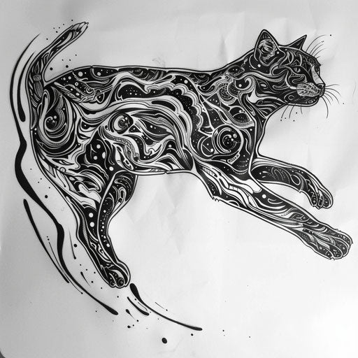 Dynamic sketch of a leaping cat filled with cosmic patterns