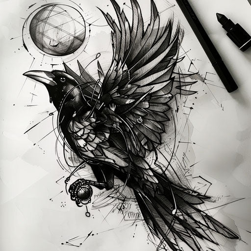 Bold and dark flat tattoo sketch with a magpie clutching a shiny object