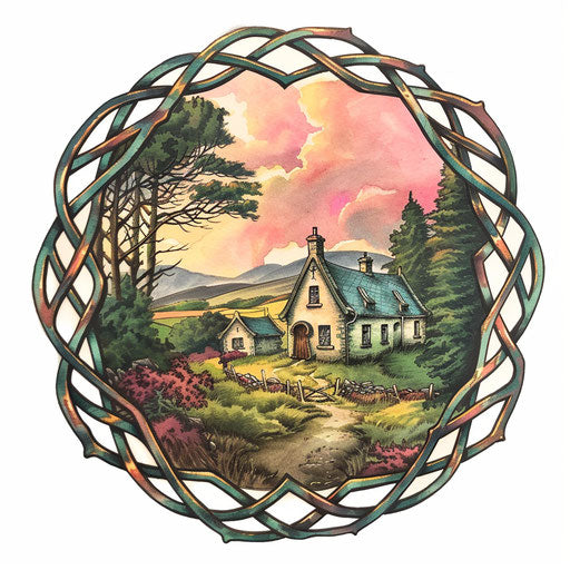 Traditional Irish cottage in Celtic landscape