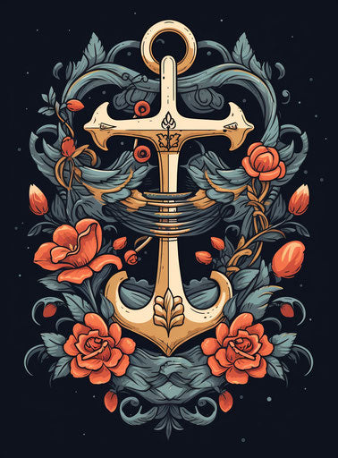 Anchor cross tattoo with red heart, Mexican folklore-inspired