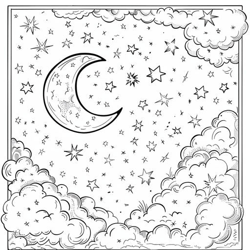 Magical night sky with constellations and crescent moon. Coloring book page