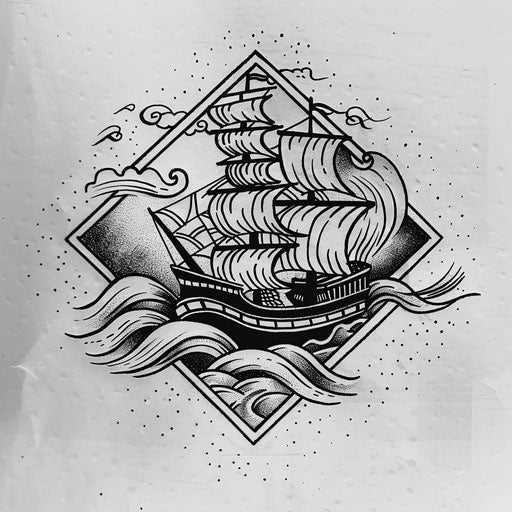 Adventurous flat tattoo sketch for a Sak Yant tattoo depicting a ship sailing through waves in clipart style