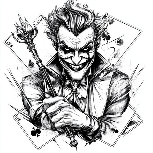 Flat tattoo sketch for joker card with scepter