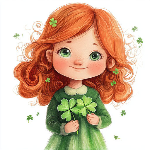 St. Patrick's Day, cute little Irish girl with red hair and green holding shamrocks, clipart, white background, no text