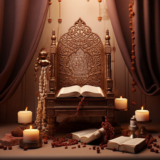 Arabic book and rosary on a throne